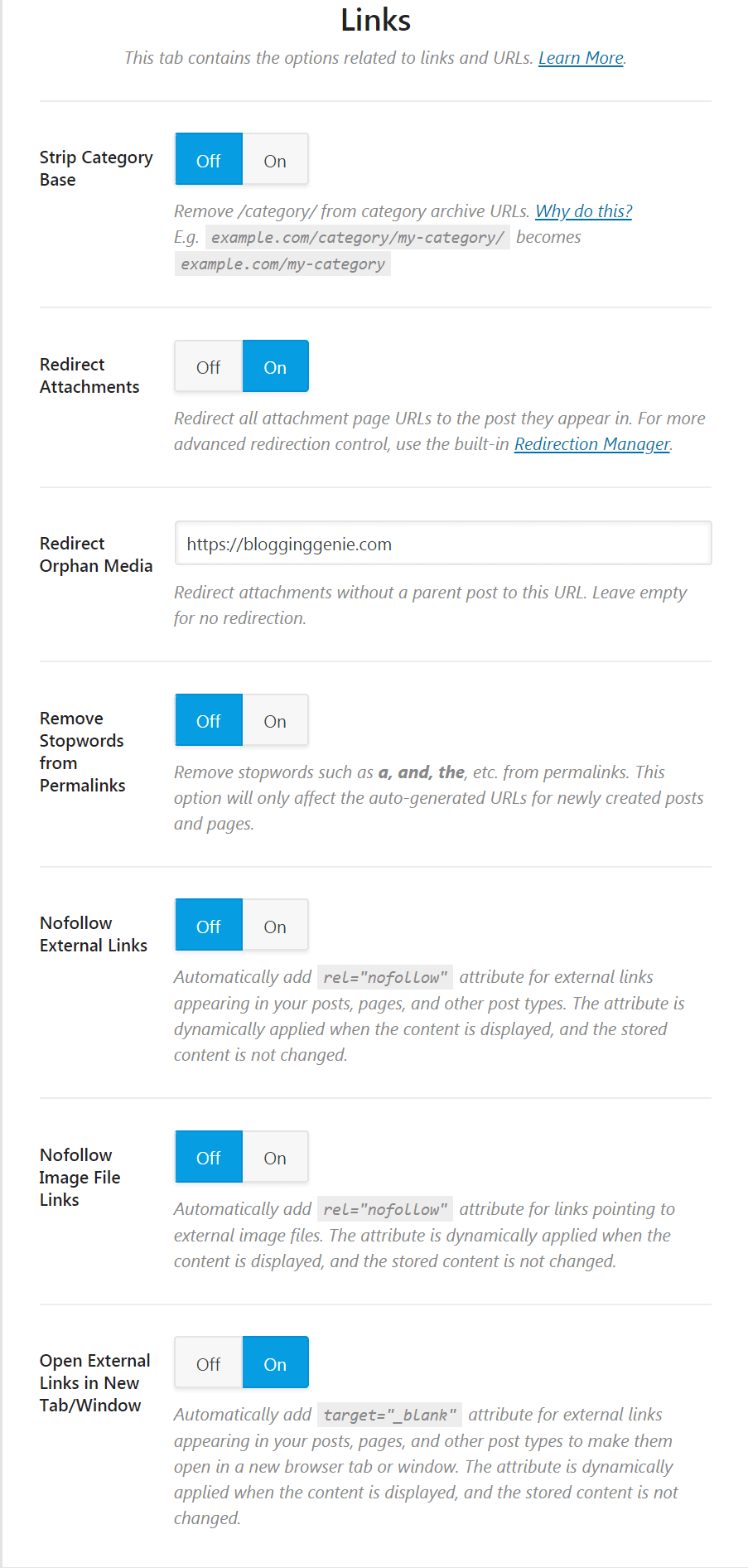 Rank Math SEO Plugin Links Setting