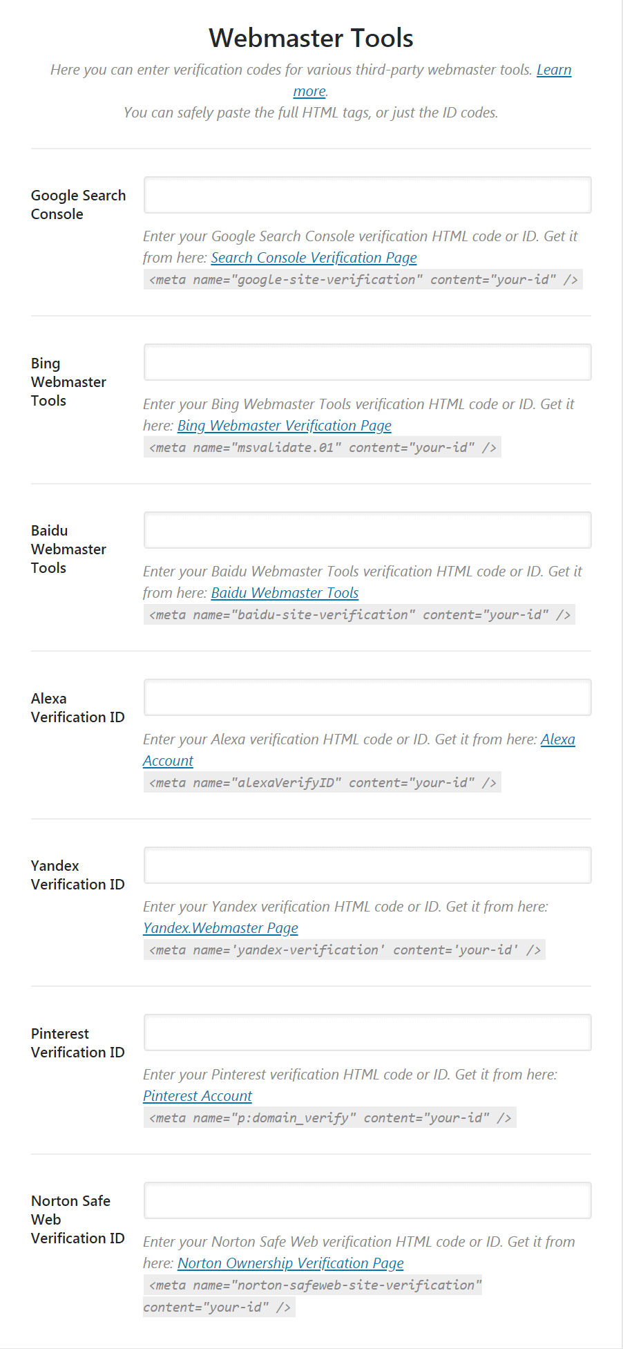 Rank Math SEO Plugin Webmaster Setting