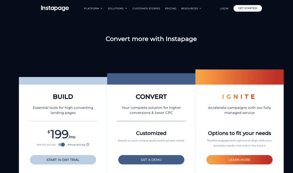 InstaPage pricing 2023 Unbounce Alternative